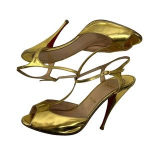 Christian Louboutin Size 41 US 11 T-Strap Slingback Stiletto Metallic Gold Heels